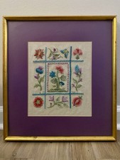 Vtg MCM Crewel Embroidery Framed Floral Sampler Signed “DF” 1970 17x16 COTTAGE picture