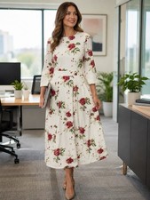 SHEIN XL Floral Midi Dress Ivory Red Rose Print 3/4 Sleeve Cottagecore NWT picture