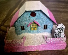 Vintage Christmas Village Paper Cardboard Putz House Pink/Green/White. Japan picture