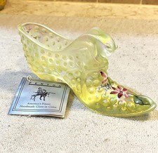 Vtg Fenton Hobnail Topaz Opalescent Vaseline Glass Cat Head Slipper Hand Painted picture