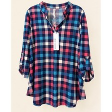 Dear Scarlett Plaid Tunic Blouse Womens L Navy Pink Teal Roll Tab NWOT picture