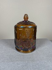 Vintage Indiana Glass Harvest Grape Carnival Glass Lidded Canister Marigold picture