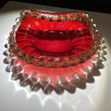 VTG Red Art Glass Murano Bowl Bullicante 24 KT Gold Flecks Rolled Edge picture