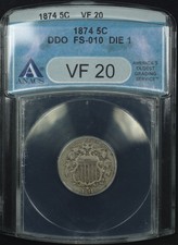 Shield Nickel. 1874 ANACS VF-20 DDO FS-010 DIE- 1. Lot # 9066-357-688 picture