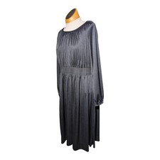 Vtg 1970s Rona Black Polyester Gathered Sleeve Ruched Waist Midi Dress Sz 14 picture