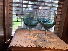 4 Pier 1 Teal Blue Crackle Glass 18 Oz 8 1/2” Red Wine Glasses picture