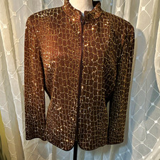St. John Brown/Gold Beaded Geometric Full Zip Lined Short Jacket Women's 14 picture