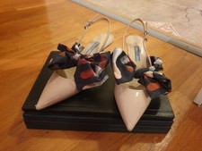 Prada Nude Patent Leather Slingback Pumps Printed Silk Bow EU 37.5 US 7 picture