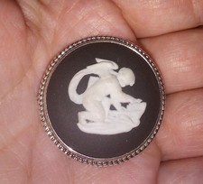 Vintage Wedgewood Black Jasperware Sterling Silver Cupid Brooch Made In England picture