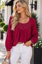 LOFT Burgundy Embroidered Pleated Blouse Long Sleeve Peasant Top Boho Tunic NWT picture