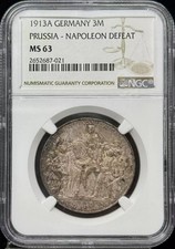 1913 A GERMAN STATES Silver 3 MARK NGC MS-63 PRUSSIA - NAPOLEON DEFEAT picture