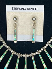 925 Sterling Silver Turquoise & Opal Inlay Bib Necklace & Earrings picture