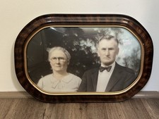 Antique Tiger Stripe Wood Oval Picture Frame Convex Domed Glass Old Couple picture