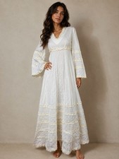 VTG 70s Tachi Castillo Ivory Prairie Maxi Dress Lace Pintuck Bell Sleeve Boho picture
