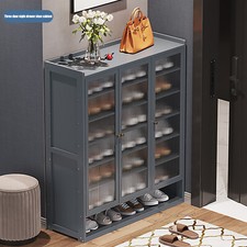 Bamboo Shoe Cabinet Haze Blue 3-Door 8-Tier 91 × 32 × 107 cm Adjustable picture