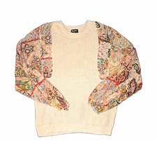 Fate Womens Small Beige Knit Sweater Floral Paisley Balloon Sleeve Pullover picture