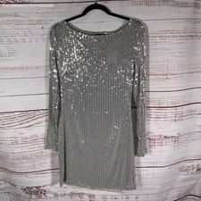 NWT Ramy Brook Gray Silver Tone Beaded Sequin Long Sleeve Mini Dress - Size 8 picture