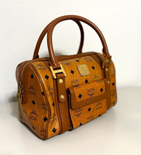 MCM Brown Monogram Satchel Top Handle Bag Zip Closure Outer Pockets Gold picture