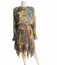 Vintage Diane Freis Paisley Sheer Smocked Beaded Handerchief Hem Dress READ picture