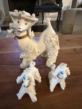 Vintage 50s Lefton Spaghetti Poodle Mother & 2 Puppies Figurine RARE FIND picture