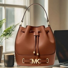 Michael Kors Reed Women Medium Pebbled Leather Crossbody Bucket Bag Luggage picture