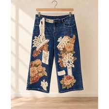 OOAK Handmade Upcycled Floral Lace Cropped Wide Leg Jeans Wearable Art picture