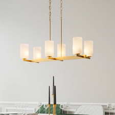 Quoizel Vista Luxe 6-Light Linear Chandelier Nouveau Gold w/ White Glass Shades picture