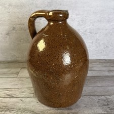 Antique 19th Century Redware Jug With Alkaline Glaze And Applied Loop Handle picture