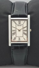 Working Seiko Slim 'Tank' Roman White Dial SS Case Men's Wristwatch Leather Band picture