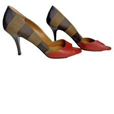 Fendi Red Leather & Brown Pequin Striped Canvas Peep Toe Pumps - Size 38 picture