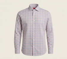 Isaia Windowpane White Gray Pink Dress Shirt Extrafine Cotton Slim Fit 15 1/2 39 picture