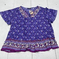 Bloomchic Shirt Womens 22-24 Purple Blue Floral Boho Peasant Blouse NWT picture