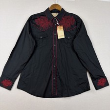 Lamasini Western Pearl Snap Shirt Men XL Black NWT Rodeo Embroidery Yolk & Cuff picture
