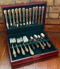 64 pc Wallace Gold Royal Bead 18/10 Stainless Flatware w/Silverware Box picture