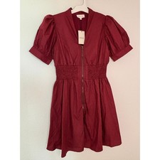 Entro Avara Burgundy Puff Sleeve Smocked Waist Zip Front Mini Dress Small NWT picture