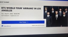 BTS WORLD TOUR Arirang TWO Ticket 09/01/2026 Los Angeles.Sec 303, Row 7, 21 & 22 picture