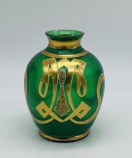 Early SESSIONIST BOHEMIAN Green Glass Vase W/ Hand Painted Gold Scrolling picture