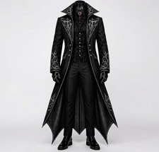 Gothic Vampire Leather Trench Coat for Men | Medieval Steampunk Embroidered Long picture