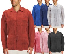 Men's Guayabera Long Sleeve Button Up Cuban Beach Casual Embroidered Dress Shirt picture