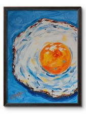 KYMA Original Acrylic 12x16 Impressionist Fried Egg Blue Painting Signed Canvas picture