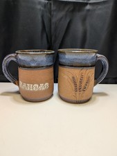 Vtg Steve Ashley Studio Art Pottery Kansas Wheat Coffee Mug Pair 1992 Blue Brown picture