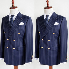 Striped  Men Suits Navy Blue Double Breasted Gold Buttons Jacket High Quality picture