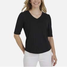 NWT Lands' End Women's Black Pointelle V-Neck Elbow Sleeve Knit Top, L picture