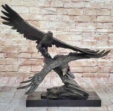 Two Eagle Wing Spread Soar in air Bronze Sculpture Marble Base Figurine Decor picture