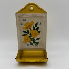 Vintage 1970s Harvest Yellow Tin Floral Atomic Starburst Kitchen Match Holder picture