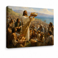 Jesus Feeding the 5000 Canvas Wall Art Loaves Fishes Christian Painting Print picture