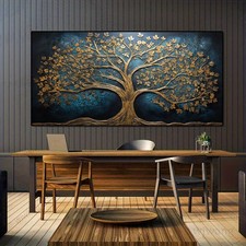 Abstract Tree of Life Wall Art Canvas Painting Golden & Navy Blue Tree Print Art picture