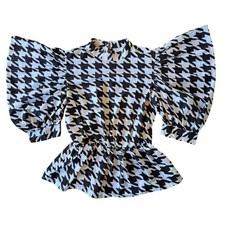 ASOS DESIGN Houndstooth Puff Sleeve Peplum Blouse Top Size 0 Preppy Statement picture