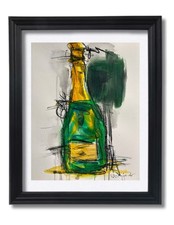 Guajardo Art Original 14x11 Expressionist Champagne Bottle Green Painting Paper picture