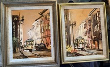 VINTAGE John Checkley Original Painting Pair MCM San Francisco Trolley Cable Car picture